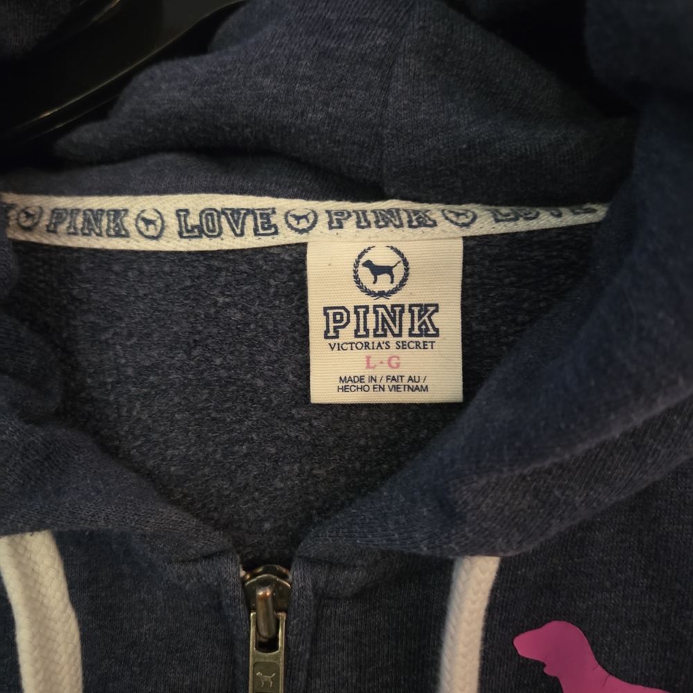 PINK Victoria's Secret Navy Zip-Up Hoodie with Pink Dog Logo - Picture 2 of 3